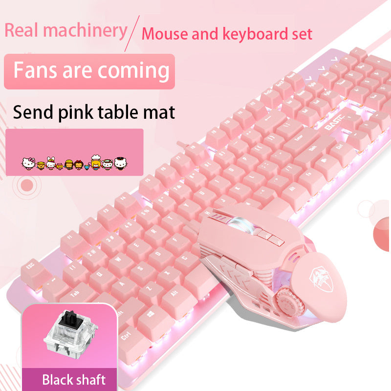 Ensemble clavier et souris mécaniques roses pour filles, mignons jeux de jeu dédiés, axe vert, axe rouge, fille, cœur, cahier filaire lumineux