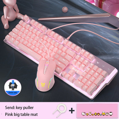 Ensemble clavier et souris mécaniques roses pour filles, mignons jeux de jeu dédiés, axe vert, axe rouge, fille, cœur, cahier filaire lumineux