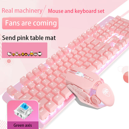 Ensemble clavier et souris mécaniques roses pour filles, mignons jeux de jeu dédiés, axe vert, axe rouge, fille, cœur, cahier filaire lumineux