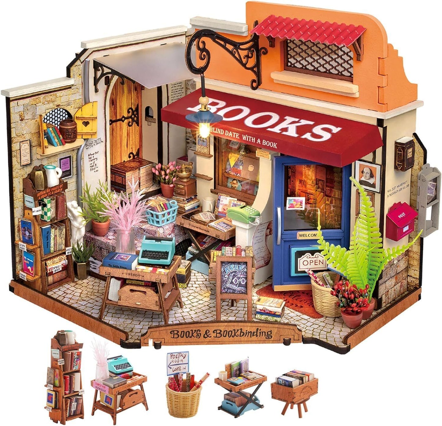 Robotime Rolife Corner Bookstore Kit de construction de maison miniature à faire soi-même avec lumières LED, cadeaux artisanaux pour enfants et filles