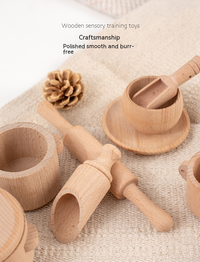 Casa de juegos para niños Beech Log, juego de té, caja sensorial, juego de utensilios de cocina para el té de la tarde