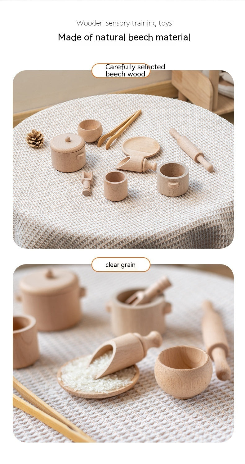 Casa de juegos para niños Beech Log, juego de té, caja sensorial, juego de utensilios de cocina para el té de la tarde