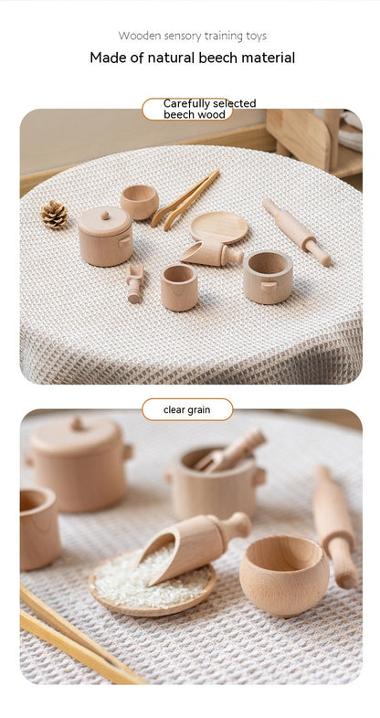 Casa de juegos para niños Beech Log, juego de té, caja sensorial, juego de utensilios de cocina para el té de la tarde