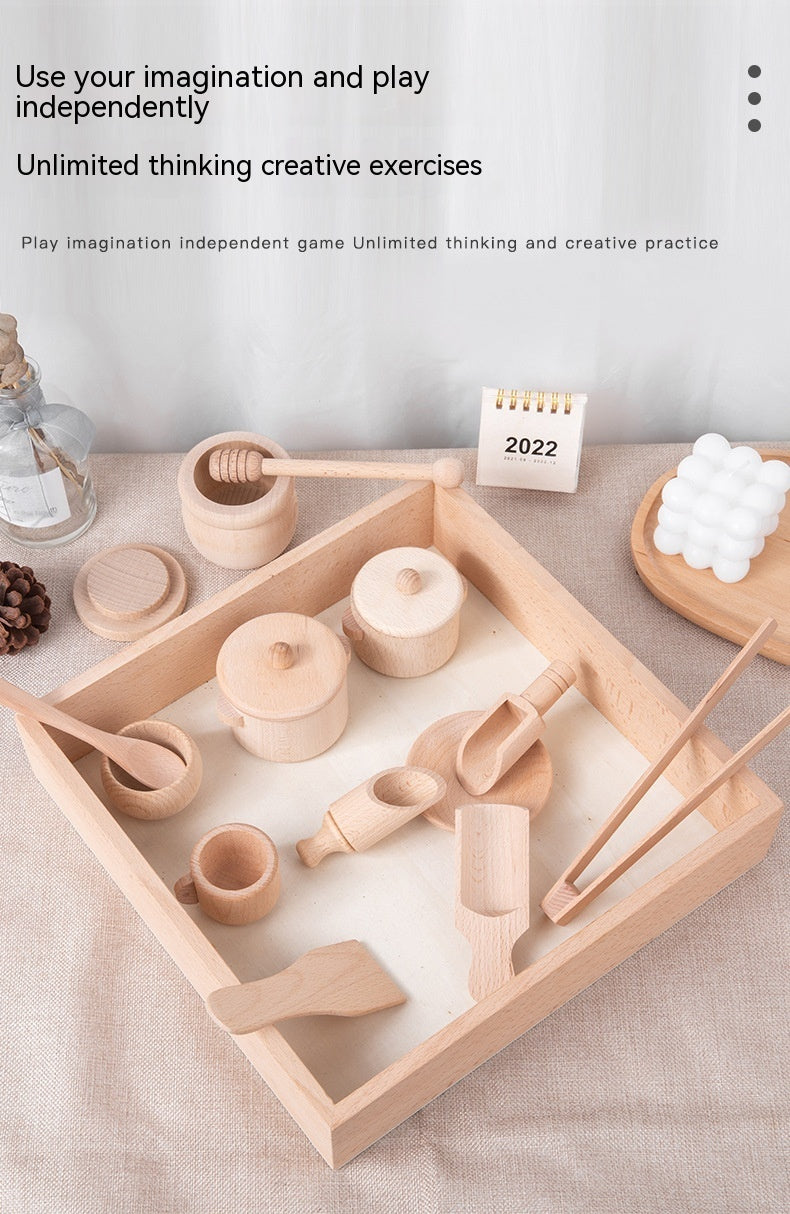 Casa de juegos para niños Beech Log, juego de té, caja sensorial, juego de utensilios de cocina para el té de la tarde