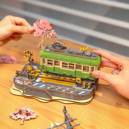 Rolife Sakura Journey Tram Car 3D Wooden Puzzle Model Toys Decor Xmas Gift