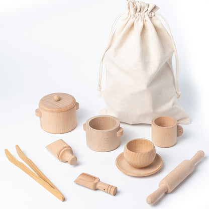 Casa de juegos para niños Beech Log, juego de té, caja sensorial, juego de utensilios de cocina para el té de la tarde