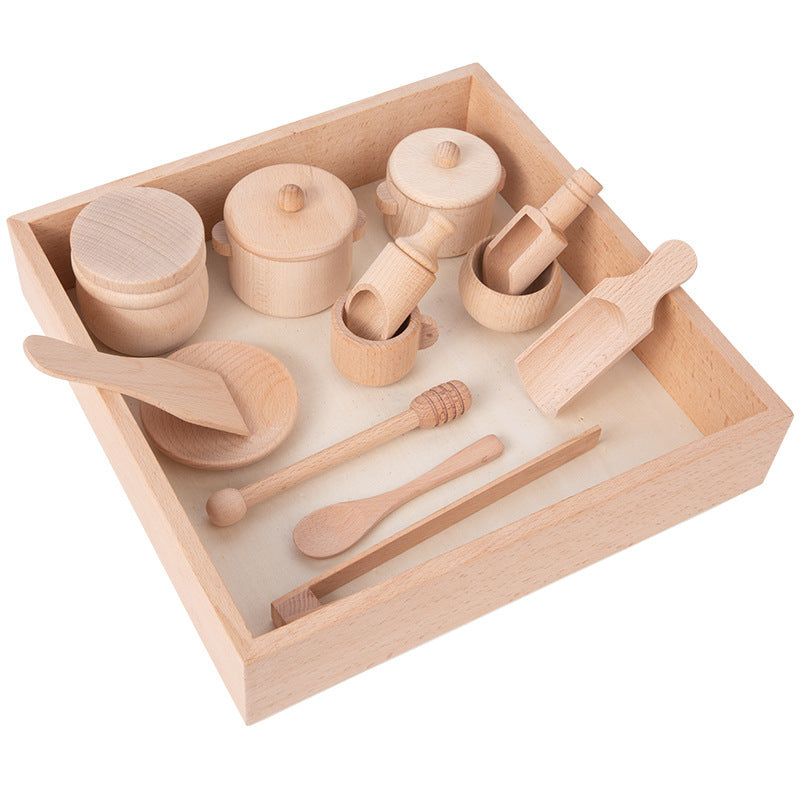 Casa de juegos para niños Beech Log, juego de té, caja sensorial, juego de utensilios de cocina para el té de la tarde