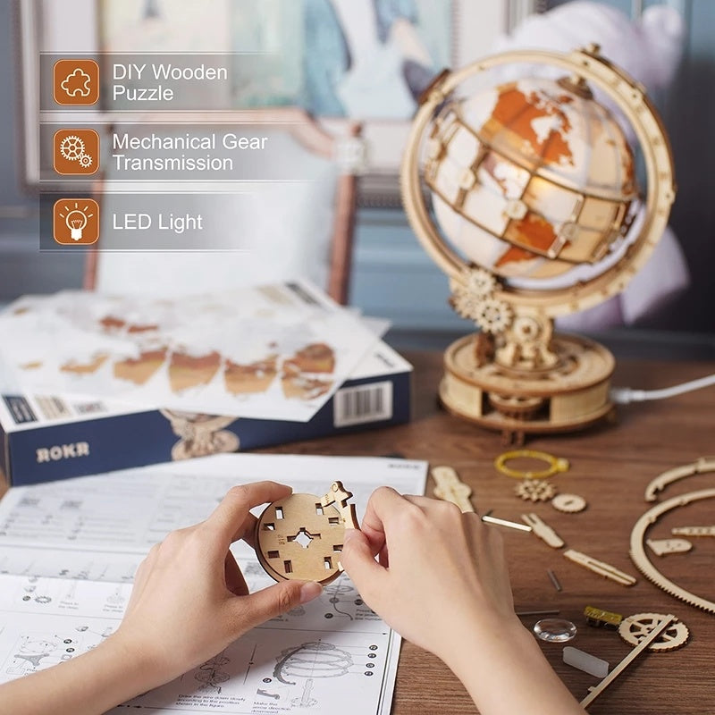 Robotime ROKR Globe Lumineux 3D Puzzle en Bois Jeux Assembler Modèle Kits de Construction Jouets Cadeau pour Enfants Garçon Soutenir DropShipping