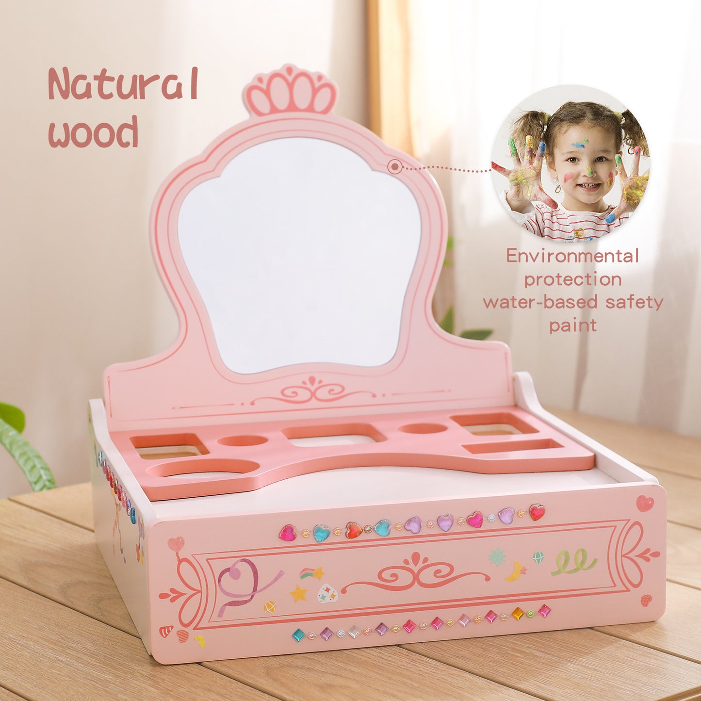 Girl Princess Play House Makeup Toys Small Dressing Table Wooden Children's Pink Mirror