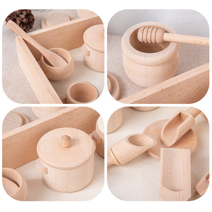 Casa de juegos para niños Beech Log, juego de té, caja sensorial, juego de utensilios de cocina para el té de la tarde