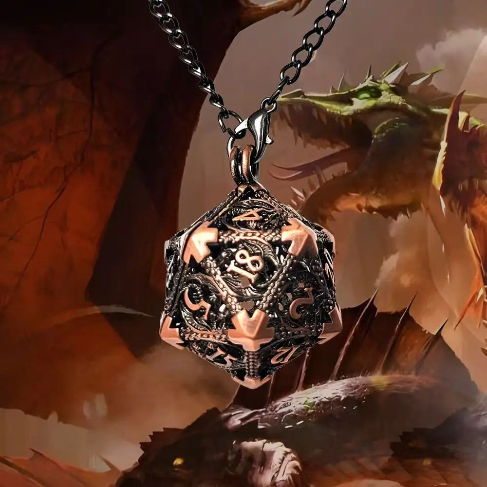 Collier de dés en métal creux D20 avec 7 dés en métal polyédriques Ensemble de dés DND Porte-clés de dés de jeu de rôle Pendentif de dés de jeu Dnd