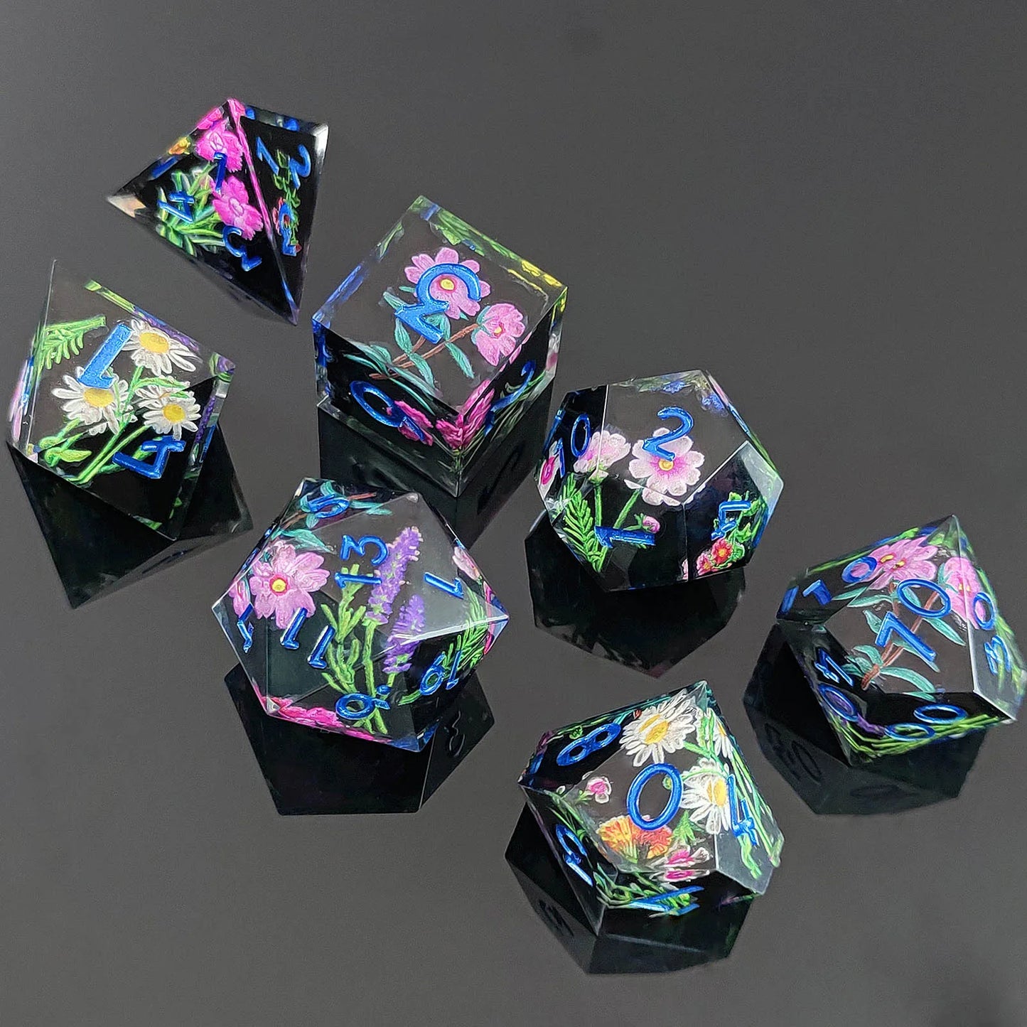 Juego de dados de resina DND Flower Dice, dados poliédricos de resina RPG, juego de dados Dnd para coleccionistas de dados de jugadores de juegos DND, juego de dados D&amp;D de 7 piezas