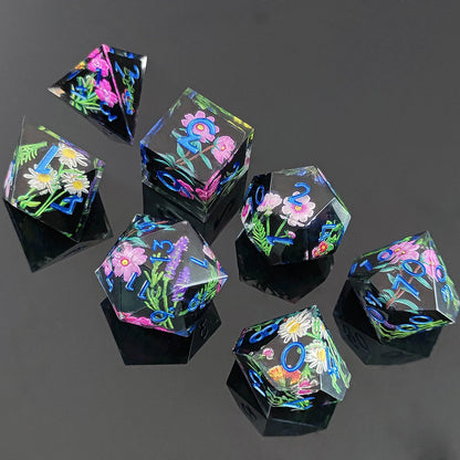 Juego de dados de resina DND Flower Dice, dados poliédricos de resina RPG, juego de dados Dnd para coleccionistas de dados de jugadores de juegos DND, juego de dados D&amp;D de 7 piezas