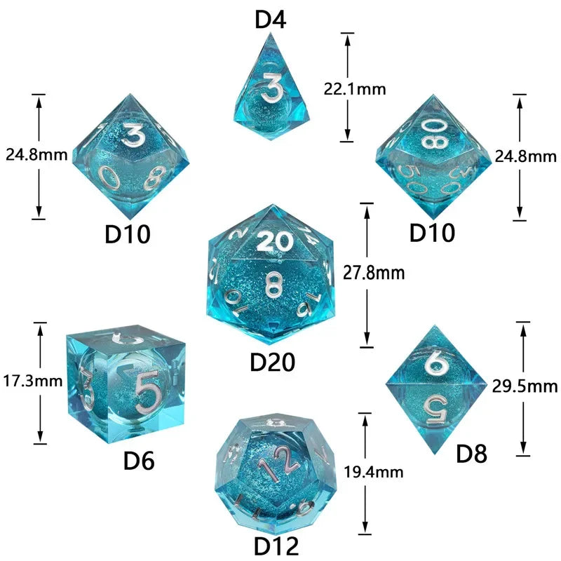 Dados de resina con núcleo líquido, juego de dados poliédricos de borde afilado, juego de 7 dados DND para juegos de mazmorras y dragones, juego de dados de resina