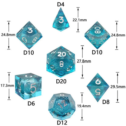 Lot de 7 dés polyédriques en résine faits à la main à bords tranchants pour jeu de rôle DnD, dés semi-transparents RPG D20 D10 D8 D100