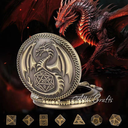 2024 Nuevo reloj de bolsillo Dados con Mini Dados DND de Metal para fiesta DND con cadena de 39 cm Estuche para reloj de bolsillo con dragón Dados DND Colgante de regalo