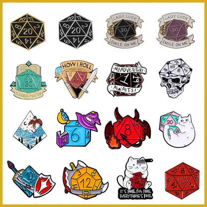 Badge de dés en métal Broche en métal émaillé Badge de dés de jeu RPG Dragon Dice D20 Cartoon DND Badge de dés en métal Cadeaux de Noël