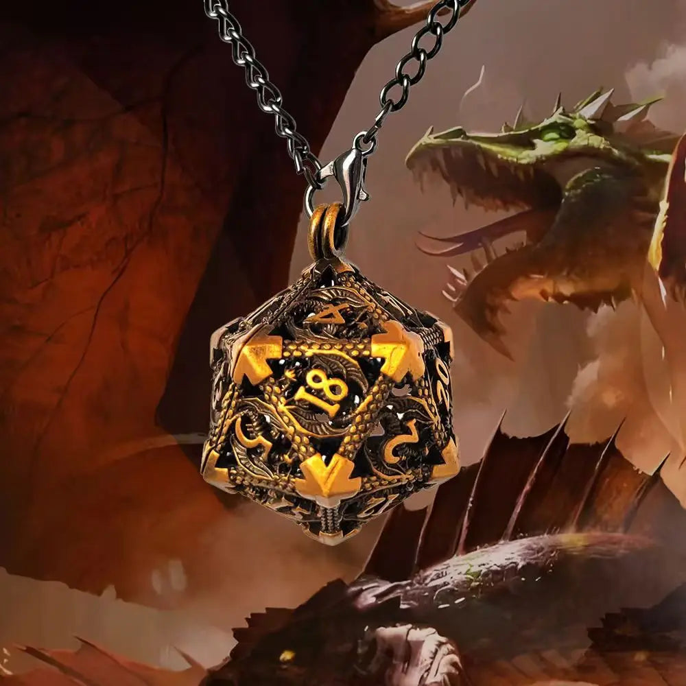 Collier de dés en métal creux D20 avec 7 dés en métal polyédriques Ensemble de dés DND Porte-clés de dés de jeu de rôle Pendentif de dés de jeu Dnd