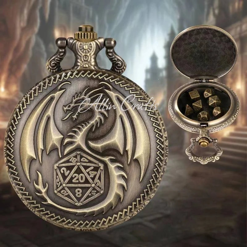 Montre de poche Dragon DND Dice Cadeau de Noël Pendentif 7 pièces Mini dés DND en métal pour joueur de dés DND Boîtier de montre de poche Dragon DND Dice