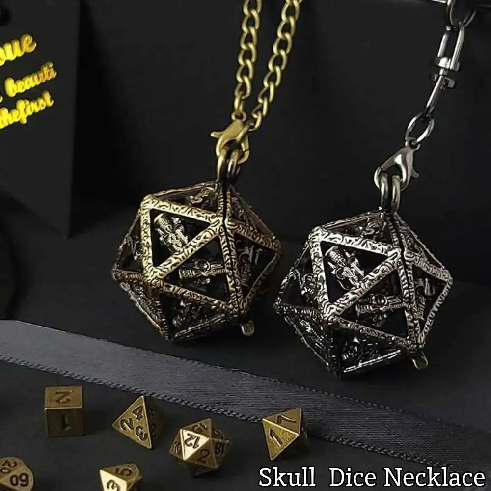 Skull Dice D20 Dice Keychain Necklace D20 Metal Hollow Box with 7pcs DND Metal Dice Set,Board Game Dice Mini Dice Kit RPG Dice