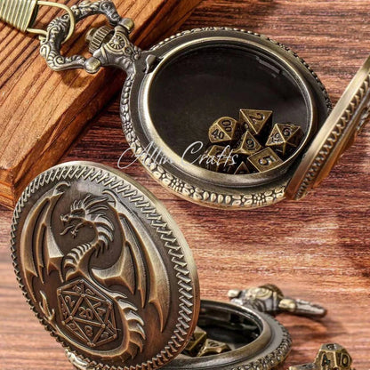 Montre de poche Dragon DND Dice Cadeau de Noël Pendentif 7 pièces Mini dés DND en métal pour joueur de dés DND Boîtier de montre de poche Dragon DND Dice