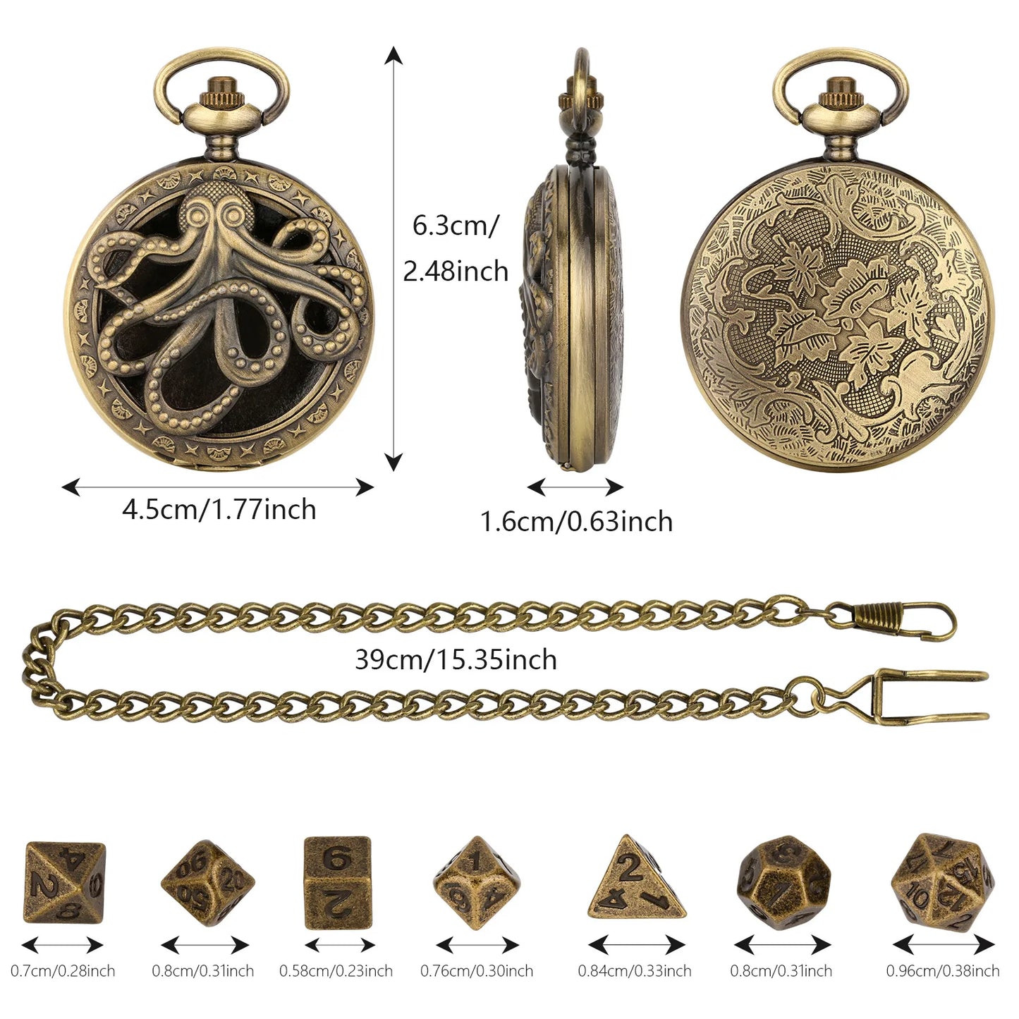 Dados de metal para reloj de bolsillo, mini dados de metal para D&amp;D, colgantes, regalos de Navidad, dados para juegos de mesa con cadenas de 39 cm, dados para D&amp;D para reloj de bolsillo