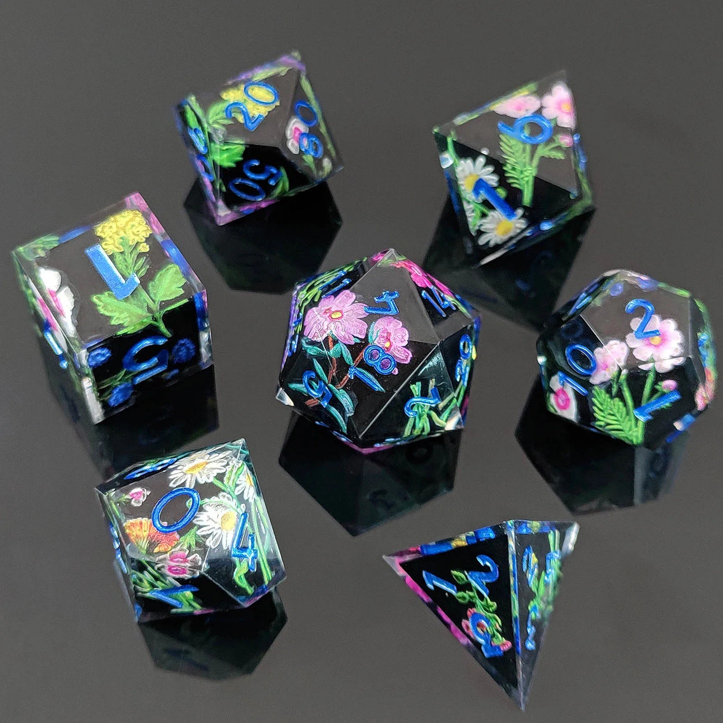 Juego de dados de resina DND Flower Dice, dados poliédricos de resina RPG, juego de dados Dnd para coleccionistas de dados de jugadores de juegos DND, juego de dados D&amp;D de 7 piezas