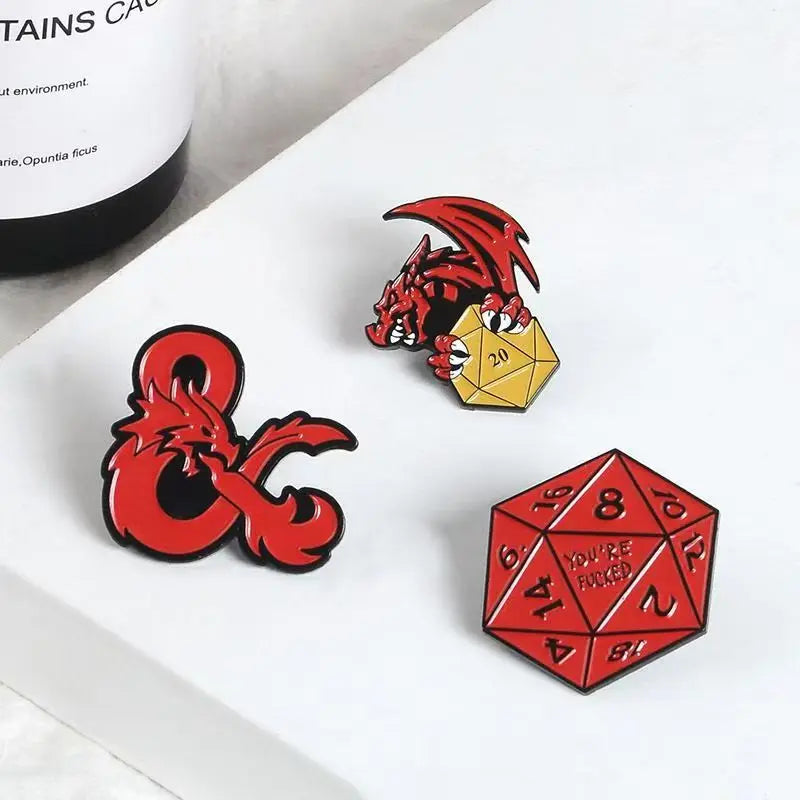 Badge de dés en métal Broche en métal émaillé Badge de dés de jeu RPG Dragon Dice D20 Cartoon DND Badge de dés en métal Cadeaux de Noël