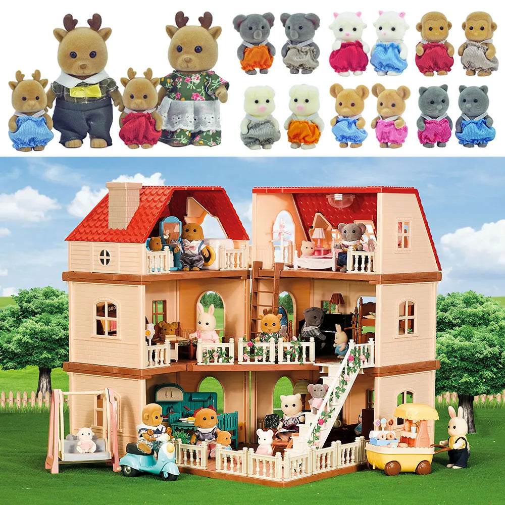 Simulation Cuisine Forêt Famille Petite Maison Double Villa à Trois Étages Renne Modèle Animal Fille Maison De Poupée Meubles Jouet Cadeaux