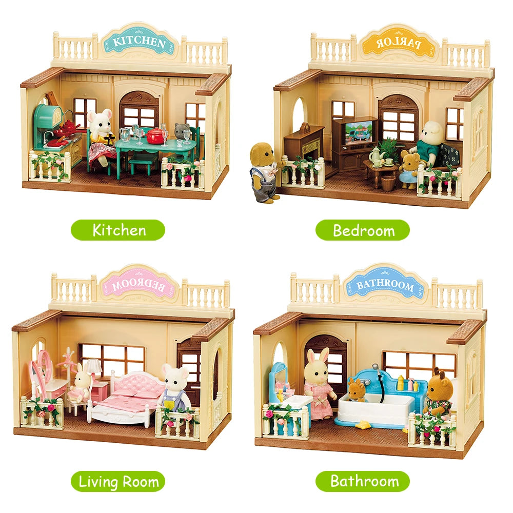 Casas de muñecas de la familia Forest, muebles de baño simulados, juguetes, miniaturas, sala de estar, casa de una sola planta, muñecas nuevas 2022