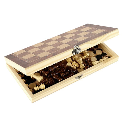 Tablero de ajedrez 3 en 1, tablero de ajedrez portátil de madera plegable, tablero de ajedrez de madera para adultos (ajedrez + damas y backgammon)