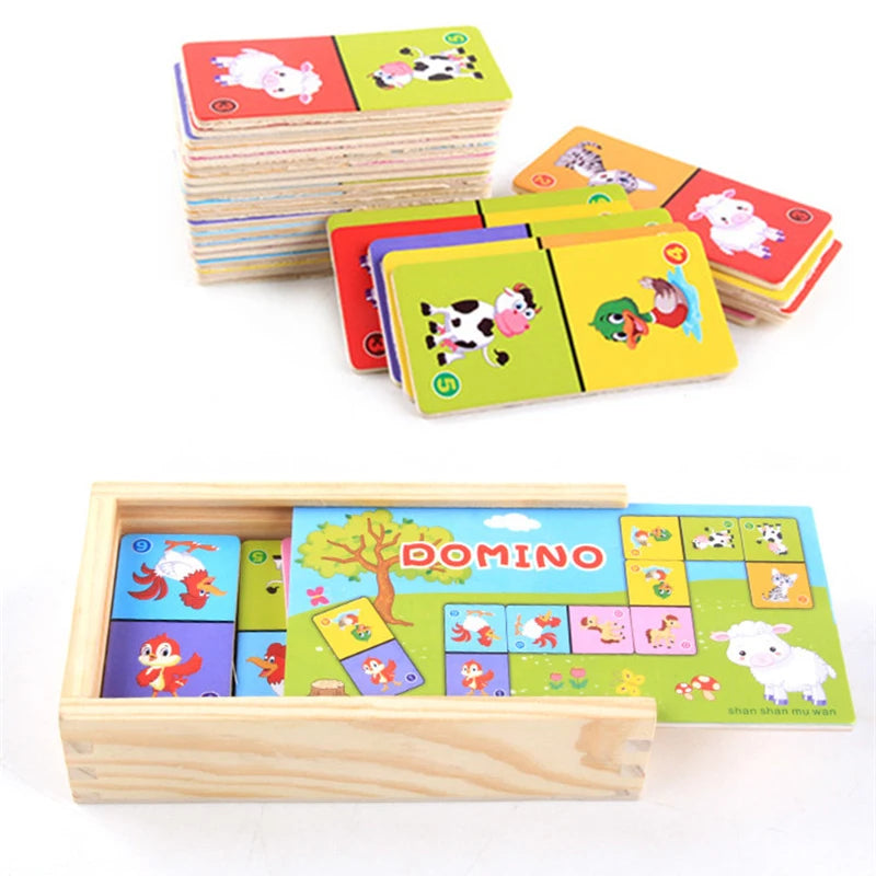 Ensemble de blocs de construction en bois Montessori Domino Jouets éducatifs précoces pour enfants Cognitive Animal Solitaire Dominoes Puzzle Toy Enfants