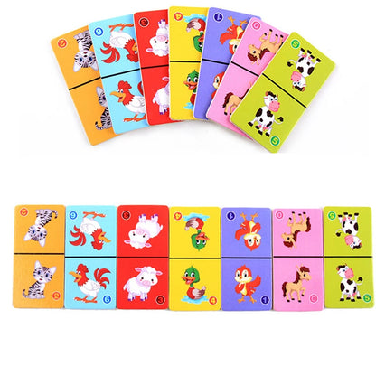 Ensemble de blocs de construction en bois Montessori Domino Jouets éducatifs précoces pour enfants Cognitive Animal Solitaire Dominoes Puzzle Toy Enfants