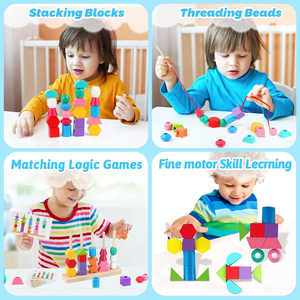 Montessori Wooden Beads Sequencing Toy Stacking Blocks & Lacing Beads & Matching Shape Stacker Montessori Learning Toys Gifts