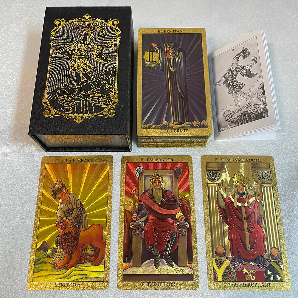 Cartas del Tarot en lámina de oro en caja de 12 x 7 cm, baraja de adivinación para principiantes con guía en papel en 2 idiomas Toro Taro