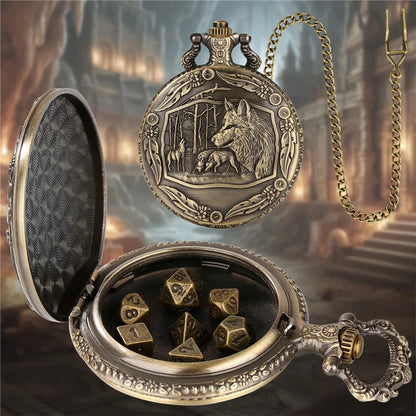 Dés de montre de poche Wolf, dés Dnd, 7 pièces de dés en métal Chaîne pendentif loup 7 pièces/ensemble dés polyédriques en métal pour dés de jeu de rôle