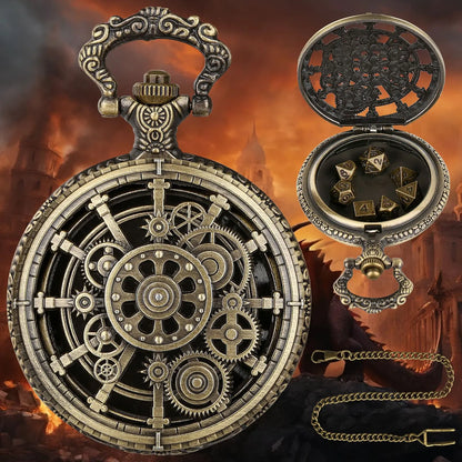 Reloj de bolsillo vintage con colgante de dados, dados DND, minijuego de dados de metal, reloj de bolsillo retro hueco, dados, juego de dados poliédricos creativos