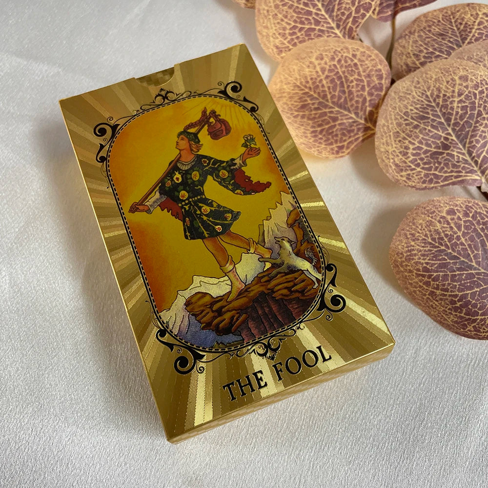 Hermosa baraja de tarot resistente de 12 x 7 cm, dorada brillante, versión clásica en inglés de alta calidad, cartas de adivinación con runas