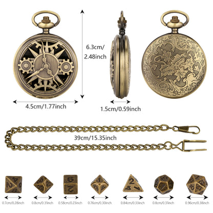 7 PCS DND Dice with Vintage Pocket Watch Cases for dnd with 39cm chain Hollow clock gear pocket watch DND dice Gifts Board Game