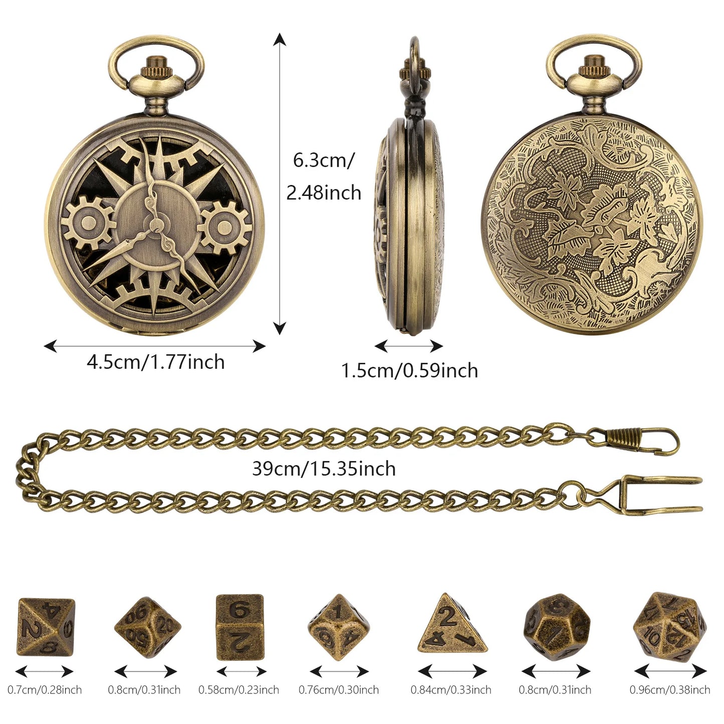 Boîtier de montre de poche Gear Dnd Dice pour donjons et dragons Pendentif Montre de poche creuse Ensemble de dés en métal avec dés DND en bronze Chians