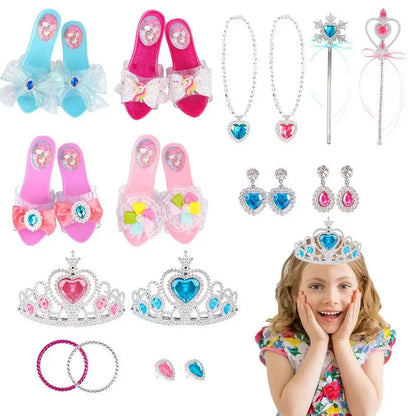 2024 nuevos juguetes de joyería para juegos de simulación, juego de accesorios de princesa para niñas pequeñas, zapatos de vestir, juguetes, corona, collar, anillo, juguete de maquillaje