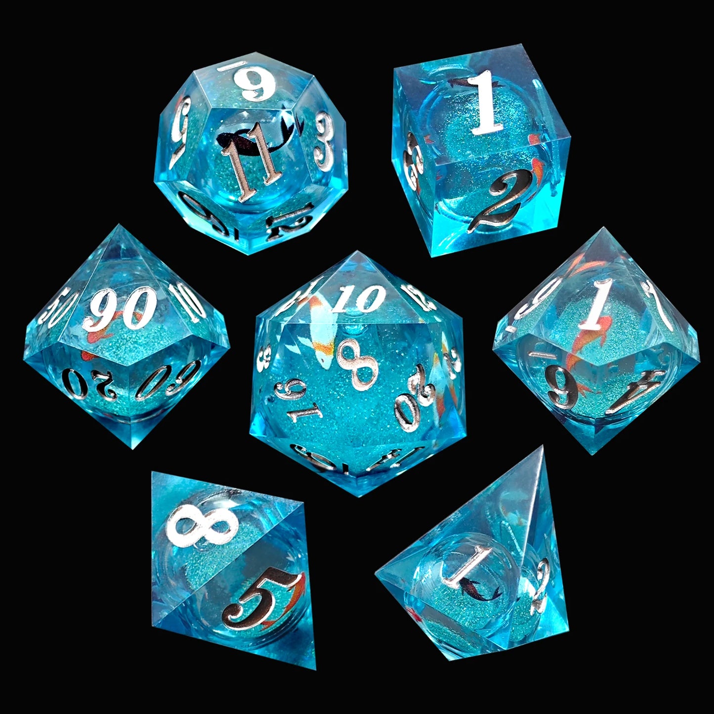 Juego de dados de resina con núcleo líquido para juegos de rol, DND, Daisy Fish Dice Player para juegos de mazmorras y dragones, juego de dados de resina poliédrica, 7 piezas