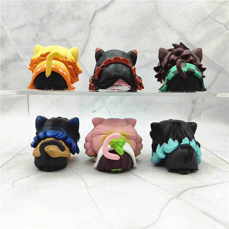 6 piezas/set Anime Demon Slayer figura Nezuko Tanjirou Zenitsu Inosuke mini figura Kawaii gato oreja dormir figura PVC modelo muñeca juguetes