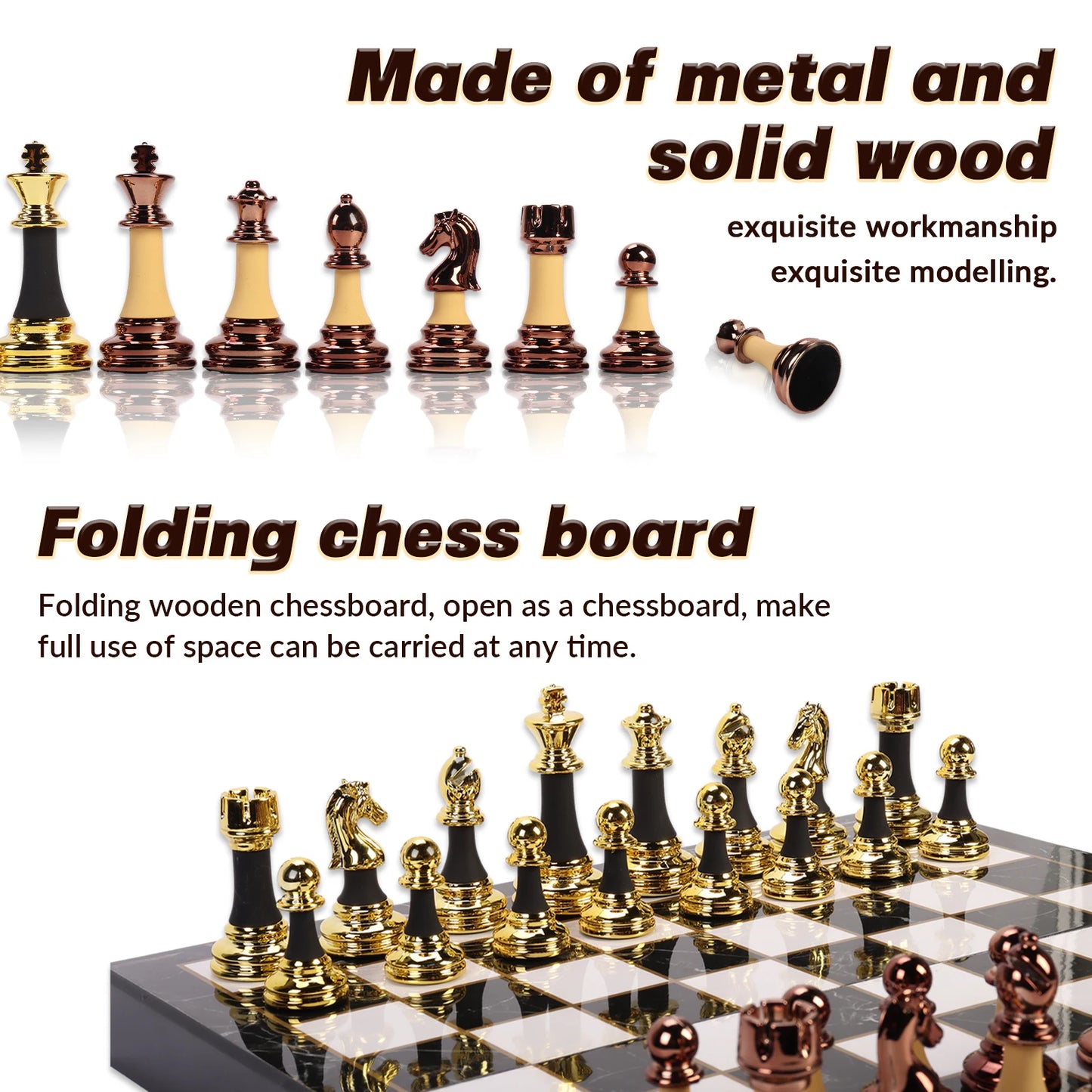 15 inch Wooden+Metal Chess Set for Adults and Kids Marbling Chess Board Chess Pieces Portable Travel Chess Sets Metal Wooden Ch