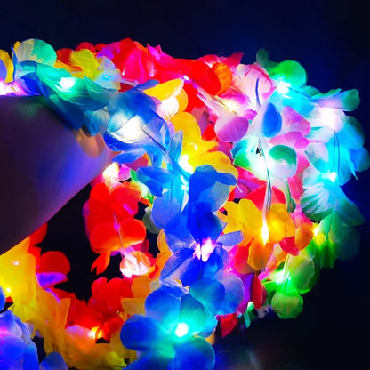 10 piezas de diadema floral con LED hawaiano, collares con flores luminosas, guirnaldas iluminadas, guirnaldas artificiales de arcoíris, suministros para fiestas de bodas