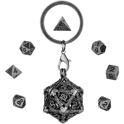 Llavero de dados con estuche de metal hueco D20, juego de 7 dados poliédricos de metal, collar con colgante de cadena para juegos, regalos de Navidad