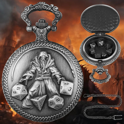 Estuche para dados DND con forma de reloj de bolsillo para dados de mazmorras y dragones, regalo, juego de dados DND en miniatura de metal poliédrico con carcasa de reloj de bolsillo