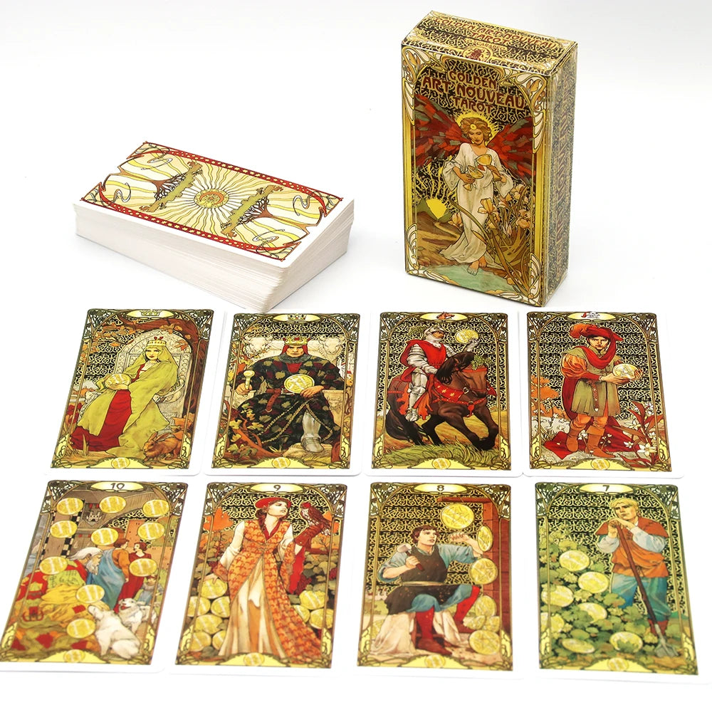 Cartes de jeu de tarot Art Nouveau doré avec cartes de guide Ensembles de livres de divination occulte pour débutants Style Art Nouveau classique