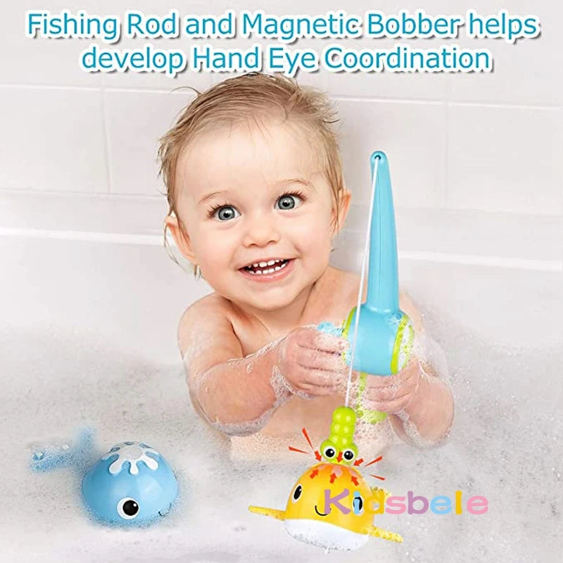 Bath Toy Magnetic Fishing Games Wind-up Swimming Whales Water Table Pool Bath Fun Time Bathtub Tub Toy for Toddler Kids Girl Boy