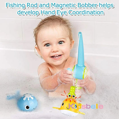 Bath Toy Magnetic Fishing Games Wind-up Swimming Whales Water Table Pool Bath Fun Time Bathtub Tub Toy for Toddler Kids Girl Boy